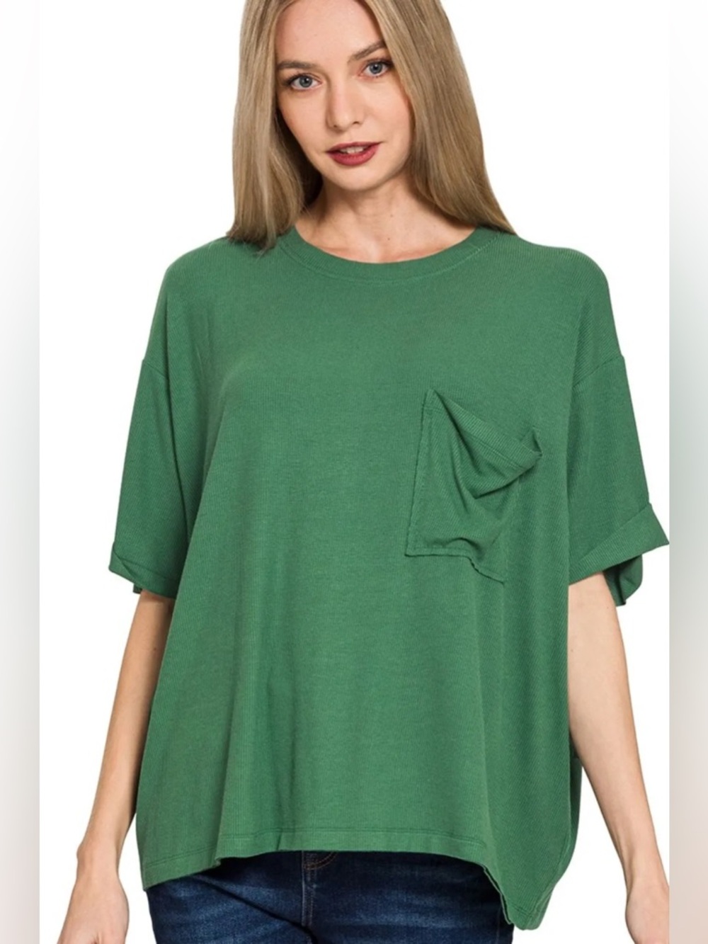 Oversized Ribbed Round Neck Short Sleeve Tee - Dark Green